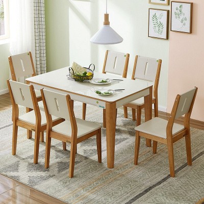 全友家居 餐桌椅现代简约钢化玻璃实木橡木框架餐桌椅组合120722  b款